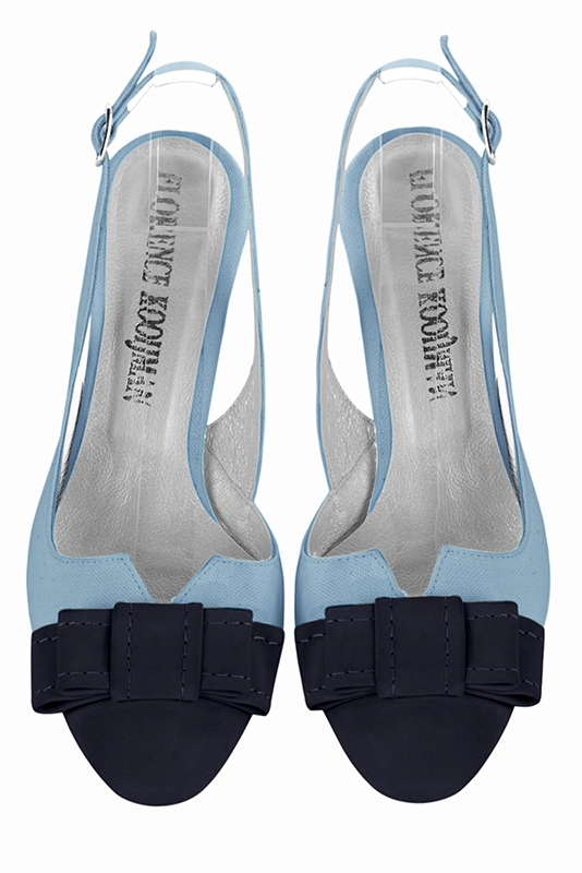 Matt black and sky blue women's open back shoes, with a knot. Round toe. Medium slim heel. Top view - Florence KOOIJMAN